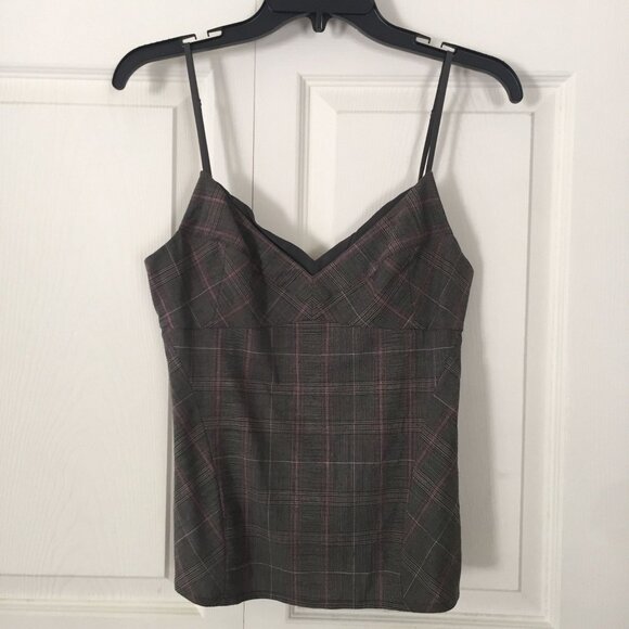 Vtg Donna Karan DKNY Spaghetti Strap Plaid Gray Red Fitted Women's Blouse Top 4 - Picture 1 of 8